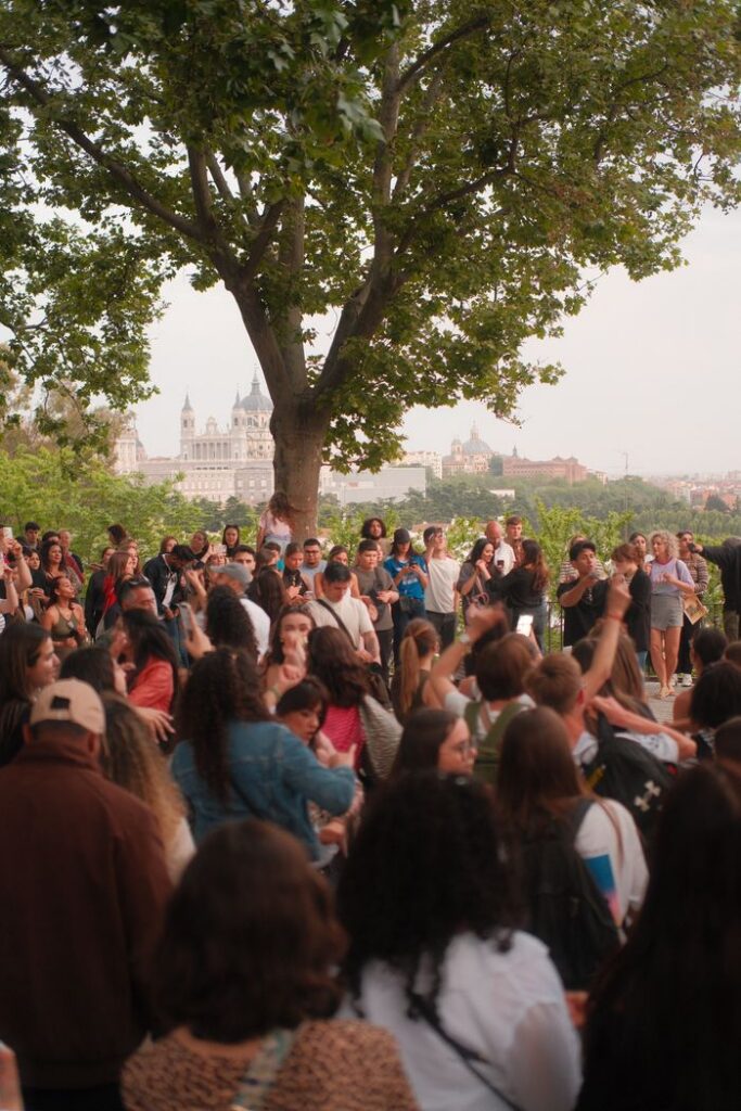 pexels photo 38282477 38282477 A large diverse crowd gathers under a tree in a scenic park setting.